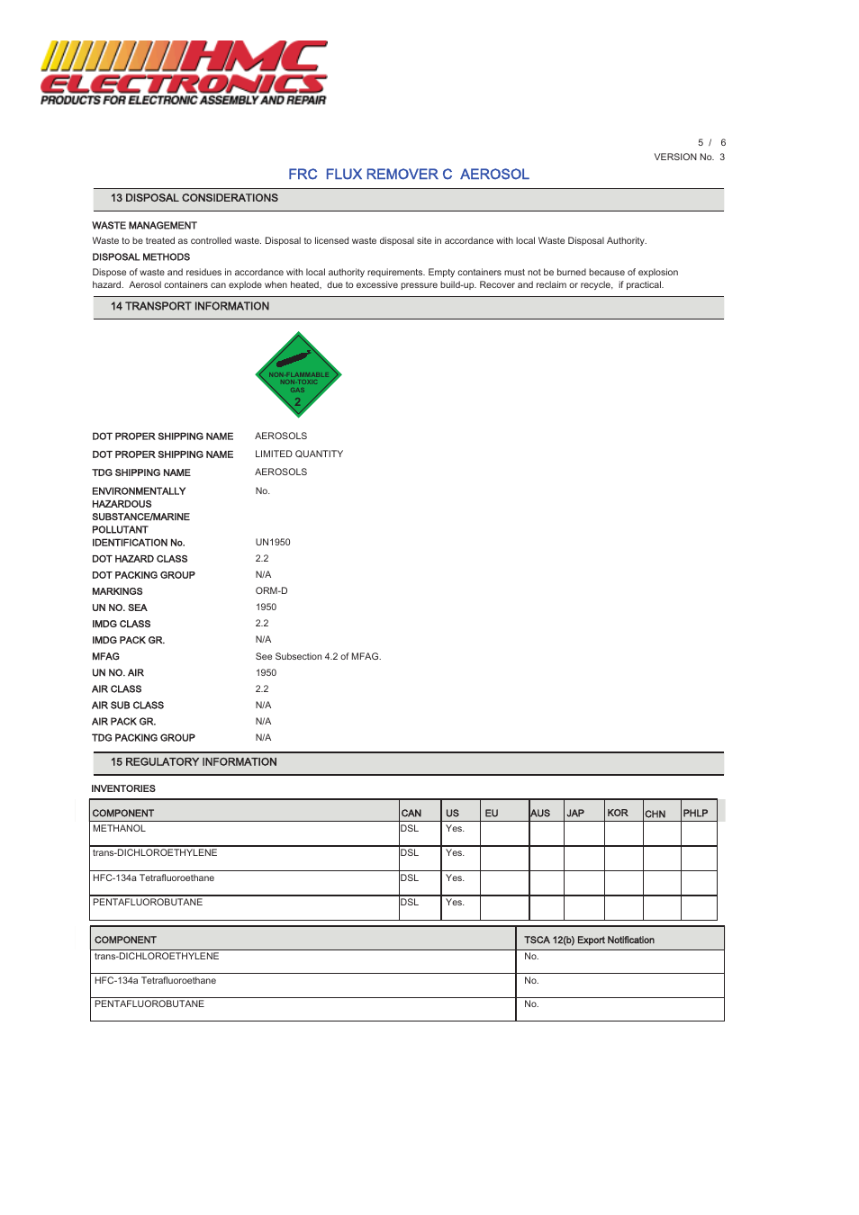 Frc flux remover c aerosol | HMC Electronics MCC-FRC MicroCare Flux Remover C User Manual | Page 5 / 6