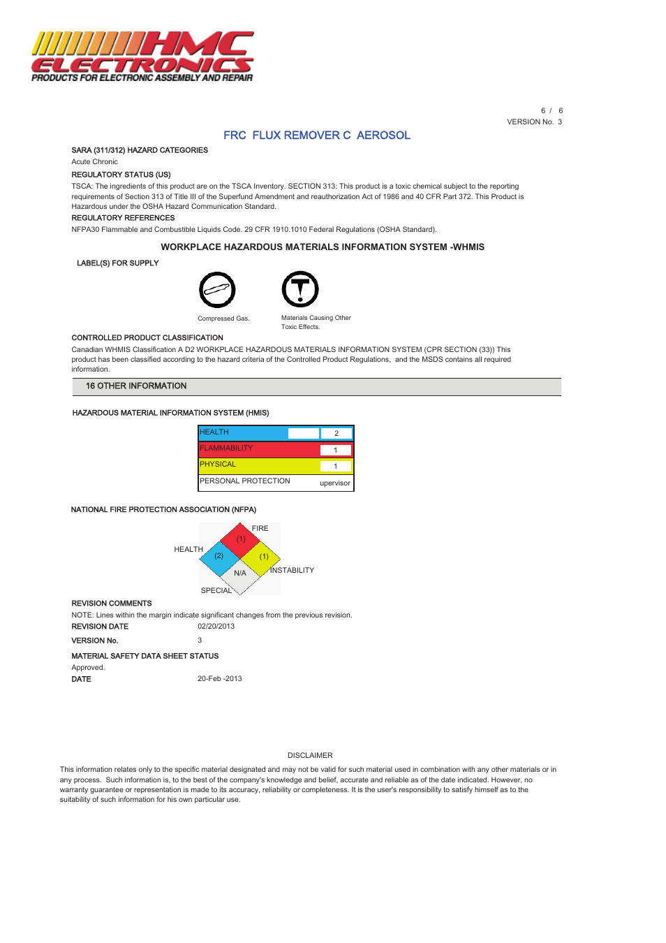 Frc flux remover c aerosol | HMC Electronics MCC-FRC MicroCare Flux Remover C User Manual | Page 6 / 6