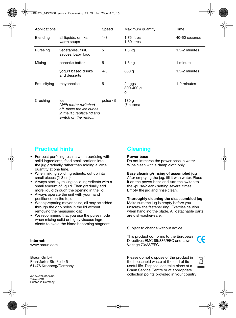 Practical hints, Cleaning | Braun MX 2050 User Manual | Page 10 / 10