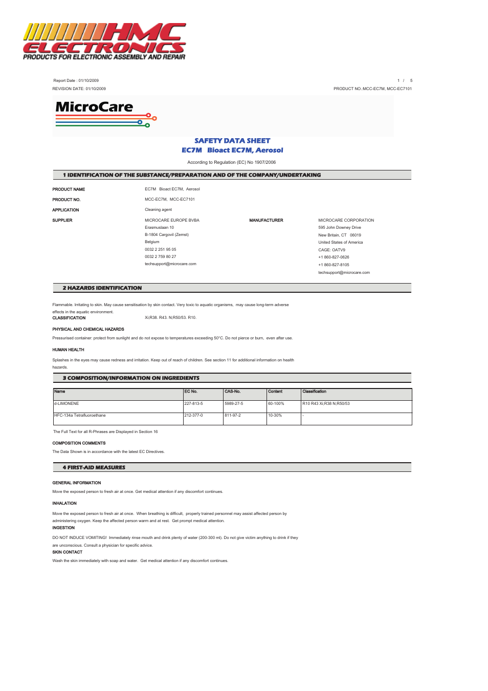 HMC Electronics MCC-EC7M MicroCare Slow Drying Flux Remover, Citrus Based User Manual | 5 pages