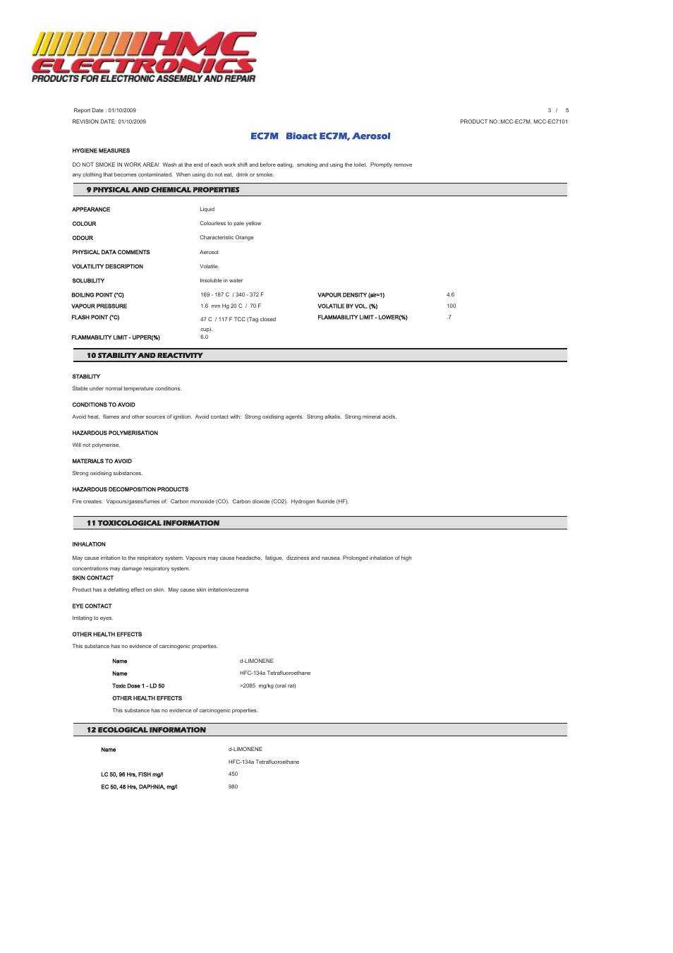 Ec7m bioact ec7m, aerosol | HMC Electronics MCC-EC7M MicroCare Slow Drying Flux Remover, Citrus Based User Manual | Page 3 / 5