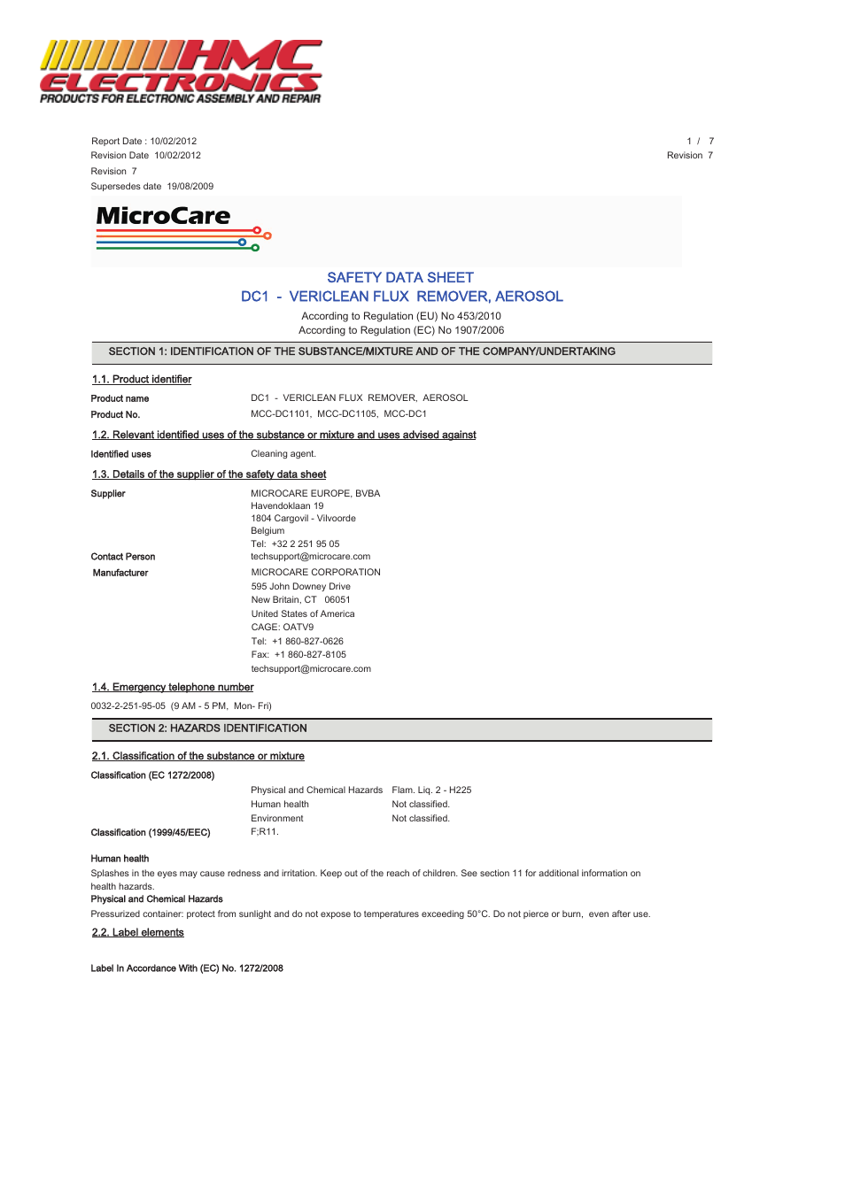 HMC Electronics MCC-DC1 MicroCare No Clean Flux Remover, VeriClean User Manual | 7 pages