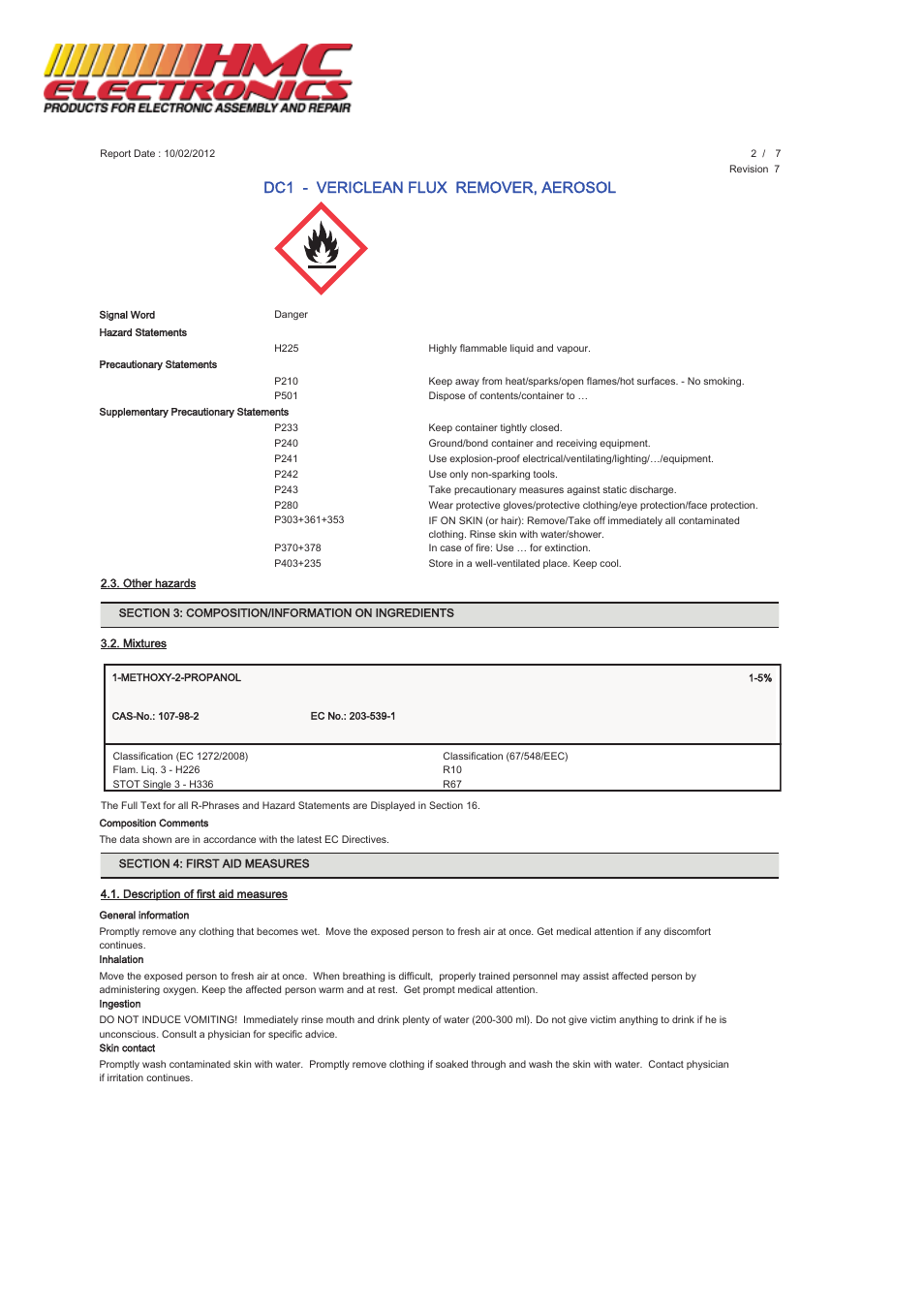 Dc1 - vericlean flux remover, aerosol | HMC Electronics MCC-DC1 MicroCare No Clean Flux Remover, VeriClean User Manual | Page 2 / 7