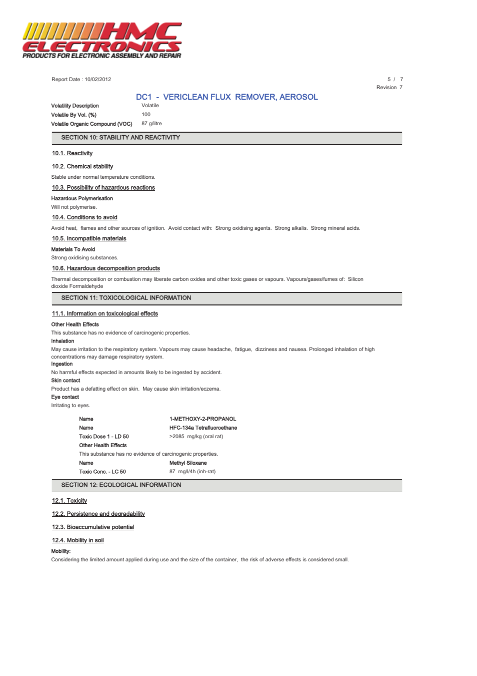 Dc1 - vericlean flux remover, aerosol | HMC Electronics MCC-DC1 MicroCare No Clean Flux Remover, VeriClean User Manual | Page 5 / 7