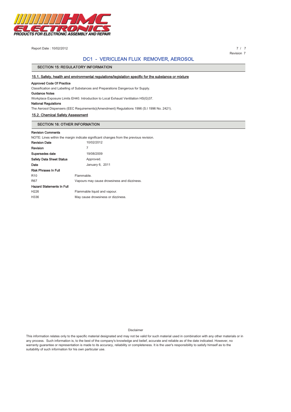 Dc1 - vericlean flux remover, aerosol | HMC Electronics MCC-DC1 MicroCare No Clean Flux Remover, VeriClean User Manual | Page 7 / 7