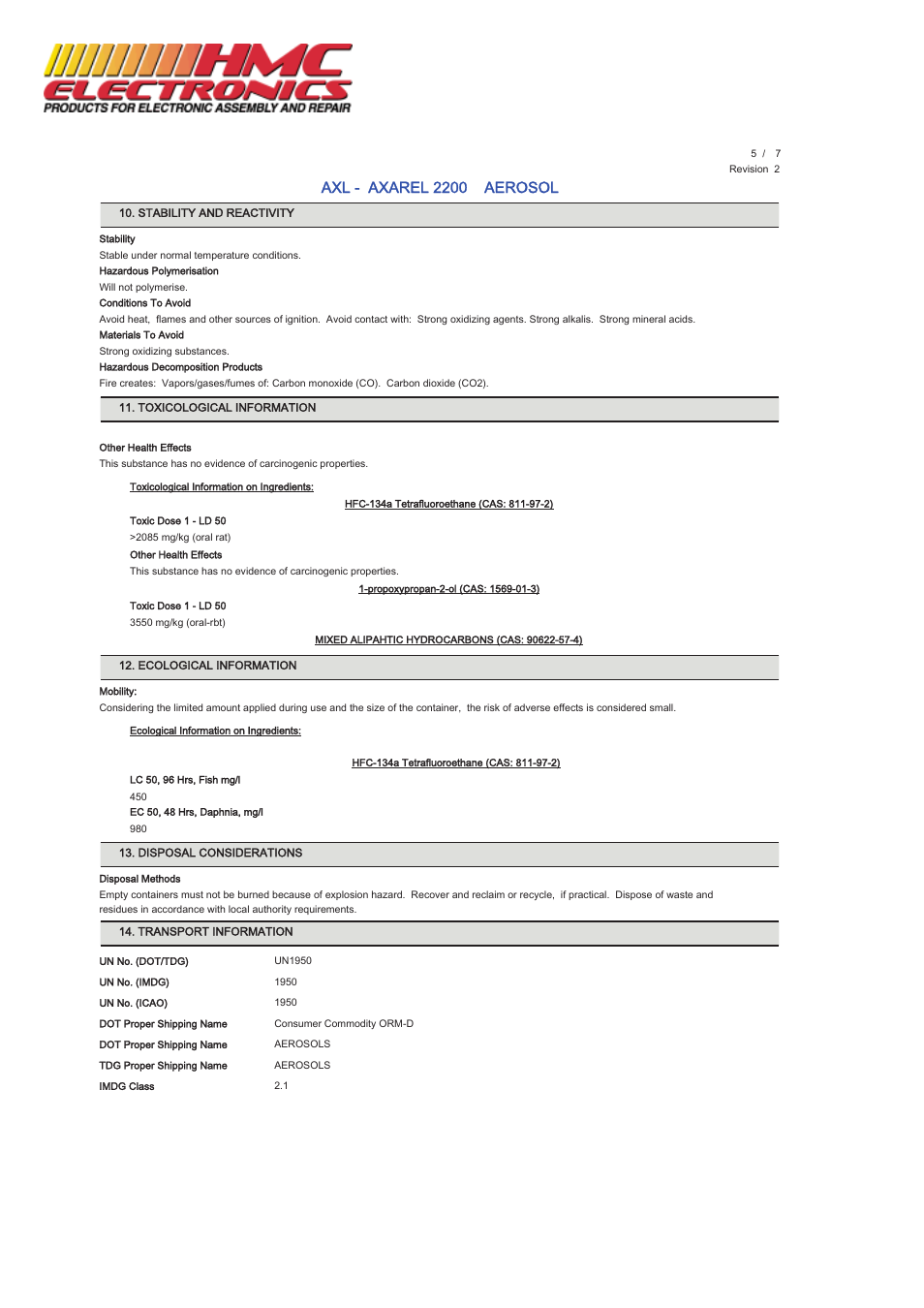 Axl - axarel 2200 aerosol | HMC Electronics MCC-AXL MicroCare General Purpose Degreaser, Axarel User Manual | Page 5 / 7