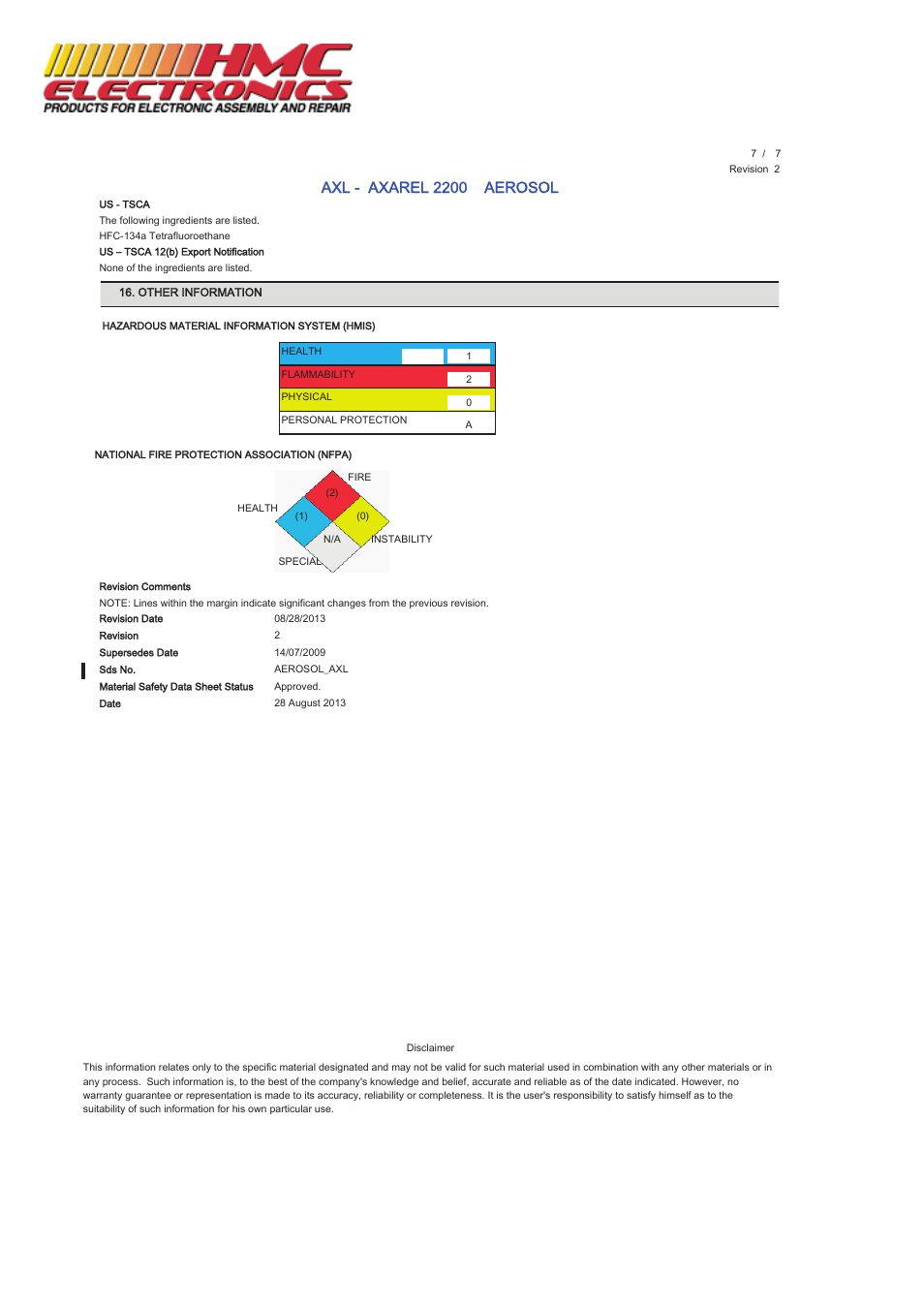 Axl - axarel 2200 aerosol | HMC Electronics MCC-AXL MicroCare General Purpose Degreaser, Axarel User Manual | Page 7 / 7