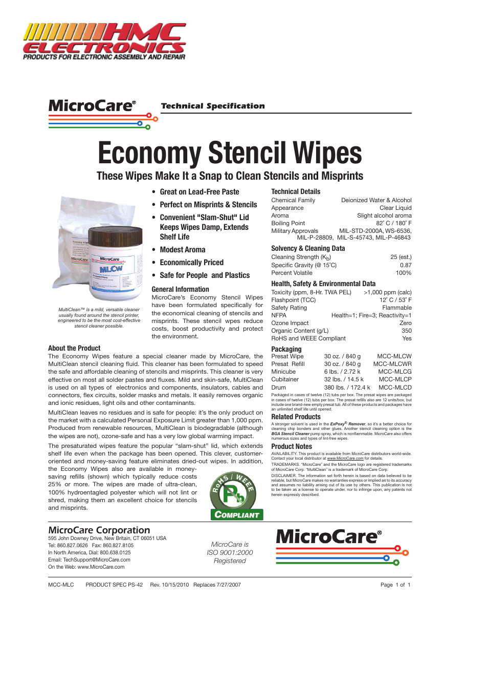 HMC Electronics MCC-MLCW MicroCare Alcohol Wipe, MultiClean User Manual | 2 pages