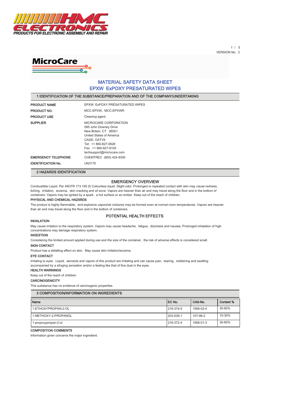 HMC Electronics MCC-EPXW MicroCare Stencil Wipes, ExPoxy User Manual | 5 pages