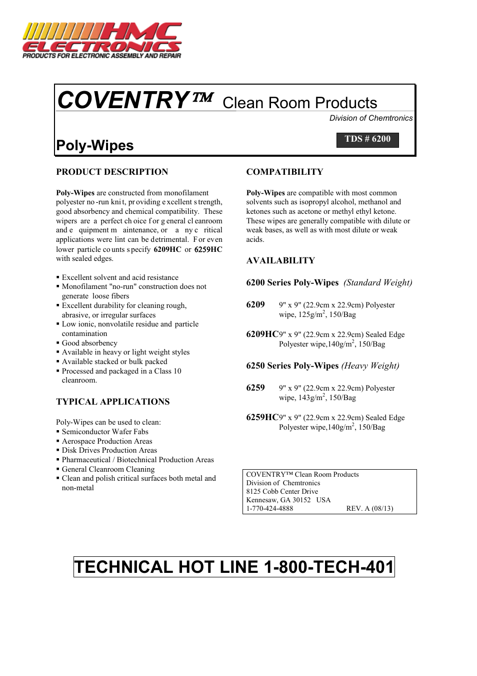 HMC Electronics 6209 Coventry Poly-Wipes, Cleanroom Laundered Polyester Wipes User Manual | 2 pages