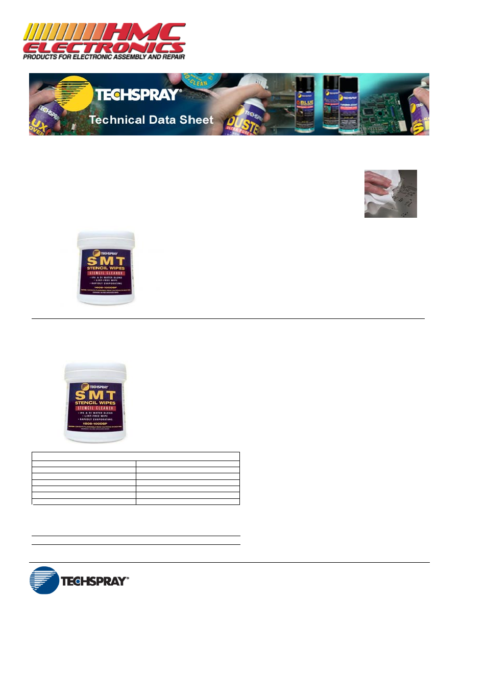 HMC Electronics 1608-100DSP Techspray Isopropyl Alcohol, IPA Stencil Cleaner Wipe User Manual | 2 pages