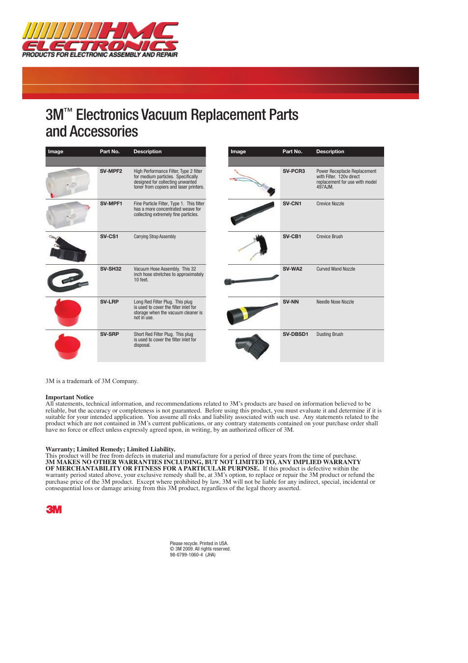 HMC Electronics SV-497AJM 3M Service Vacuum, ESD Safe User Manual | Page 2 / 2