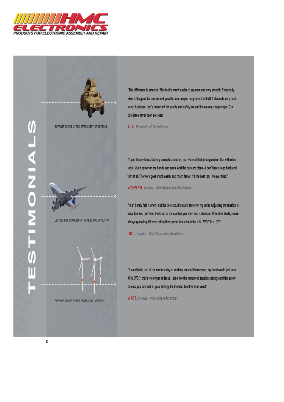 Testimonials | HMC Electronics EVO7 Cable Tie Gun, Adjustable Tension User Manual | Page 10 / 12