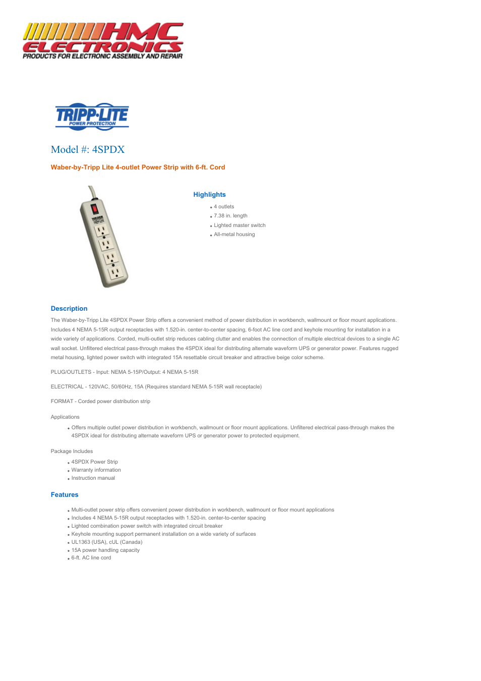 HMC Electronics 4SPDX Power Outlet Strip User Manual | 3 pages