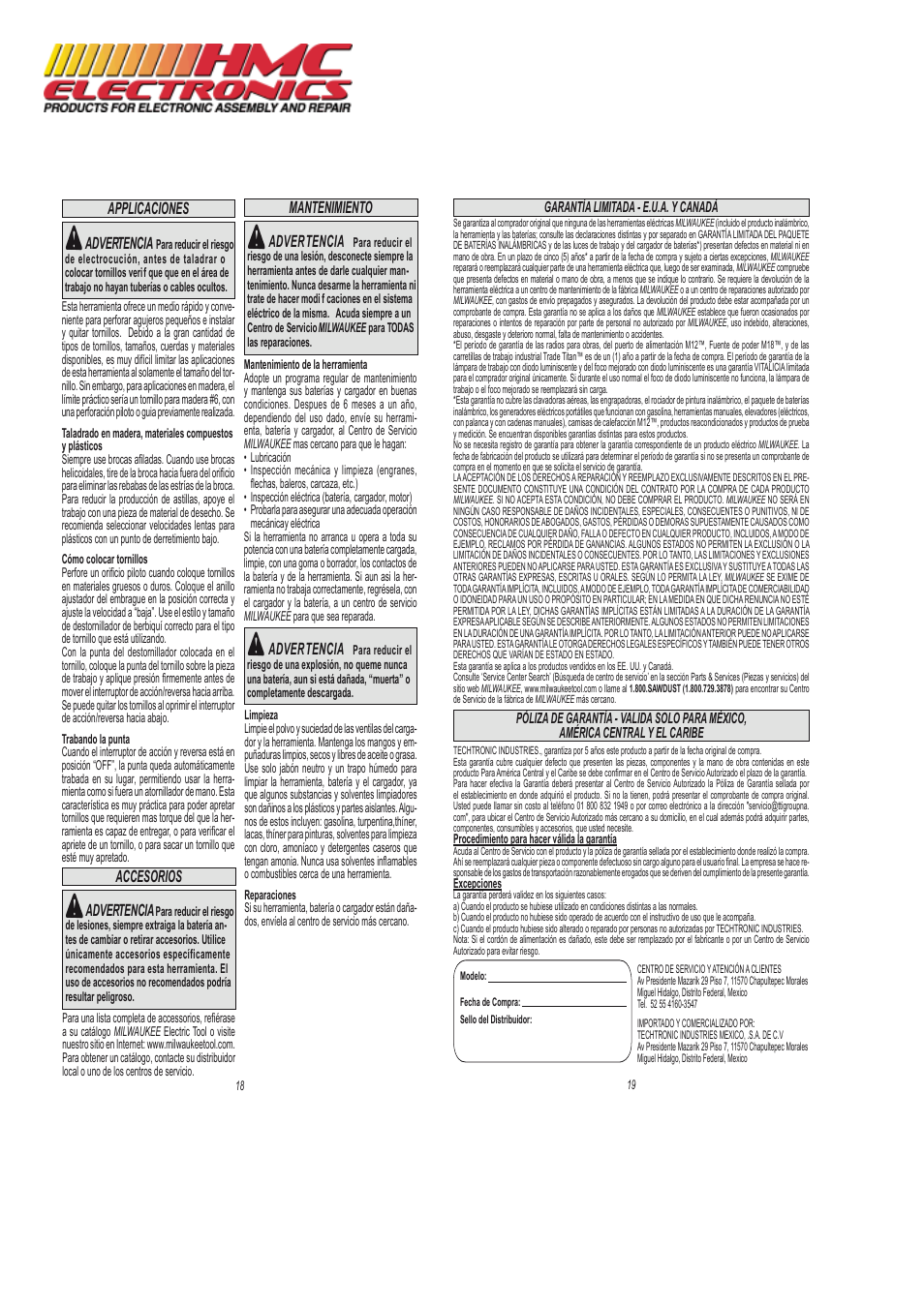 Applicaciones advertencia, Mantenimiento advertencia, Advertencia | Accesorios advertencia | HMC Electronics 2101-21 Milwaukee Cordless Screwdriver Kit, M4 User Manual | Page 10 / 11