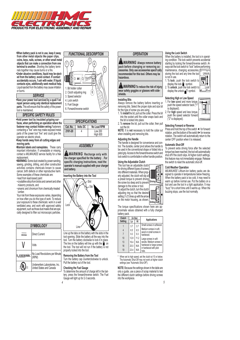 Functional description symbology specifications, Specific safety rules, Service | Warning, Assembly, Operation | HMC Electronics 2101-21 Milwaukee Cordless Screwdriver Kit, M4 User Manual | Page 3 / 11