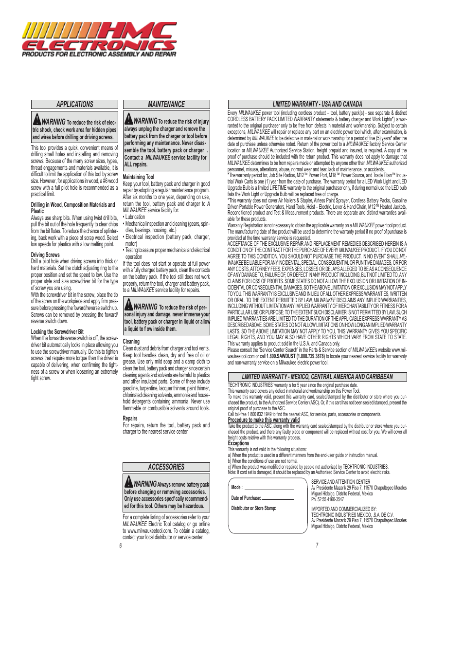 Applications warning, Accessories, Warning | Maintenance | HMC Electronics 2101-21 Milwaukee Cordless Screwdriver Kit, M4 User Manual | Page 4 / 11