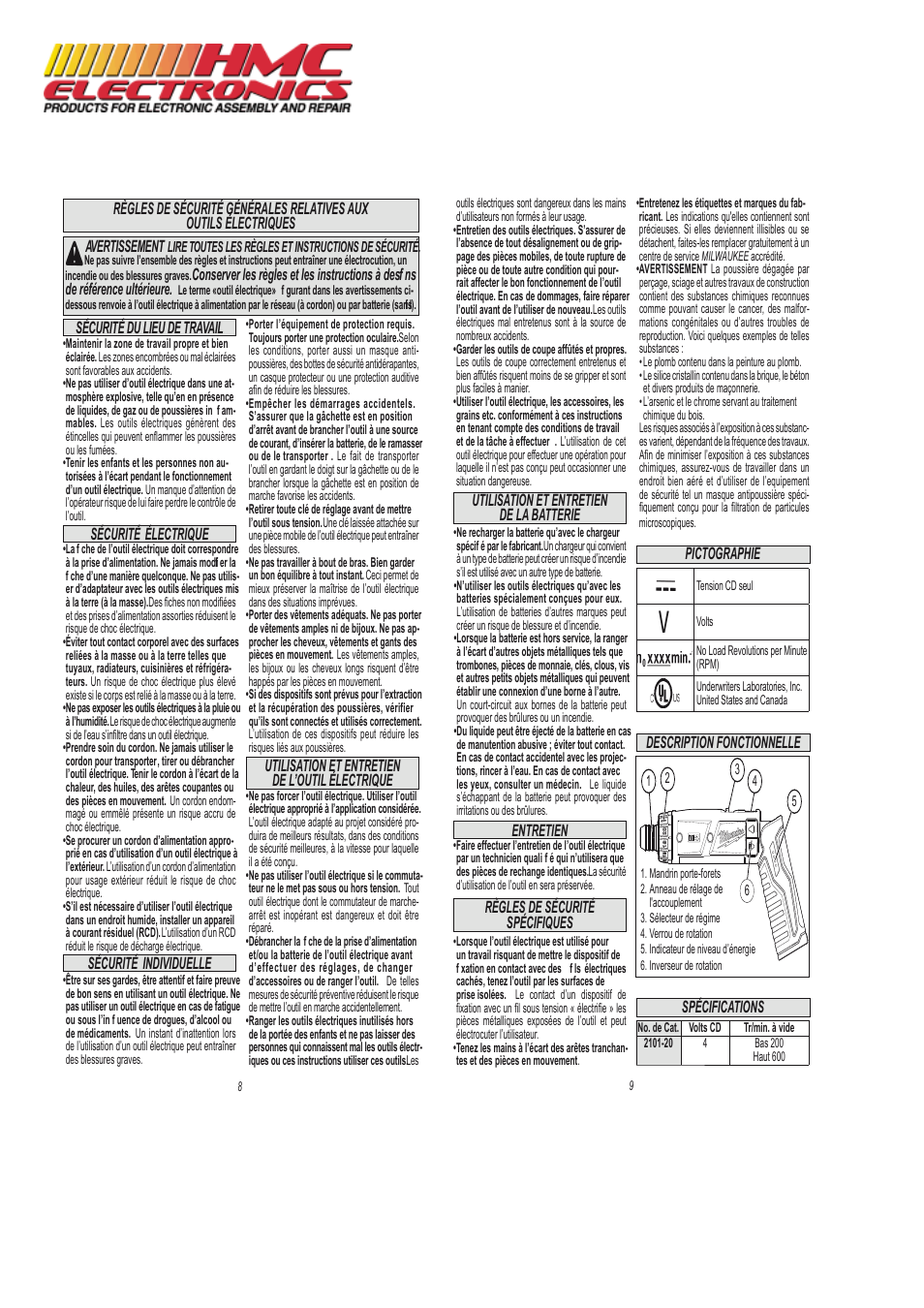 Sécurité, Individuelle sécurité, Pictographie | Entretien, Utilisation et entretien de la batterie | HMC Electronics 2101-21 Milwaukee Cordless Screwdriver Kit, M4 User Manual | Page 5 / 11