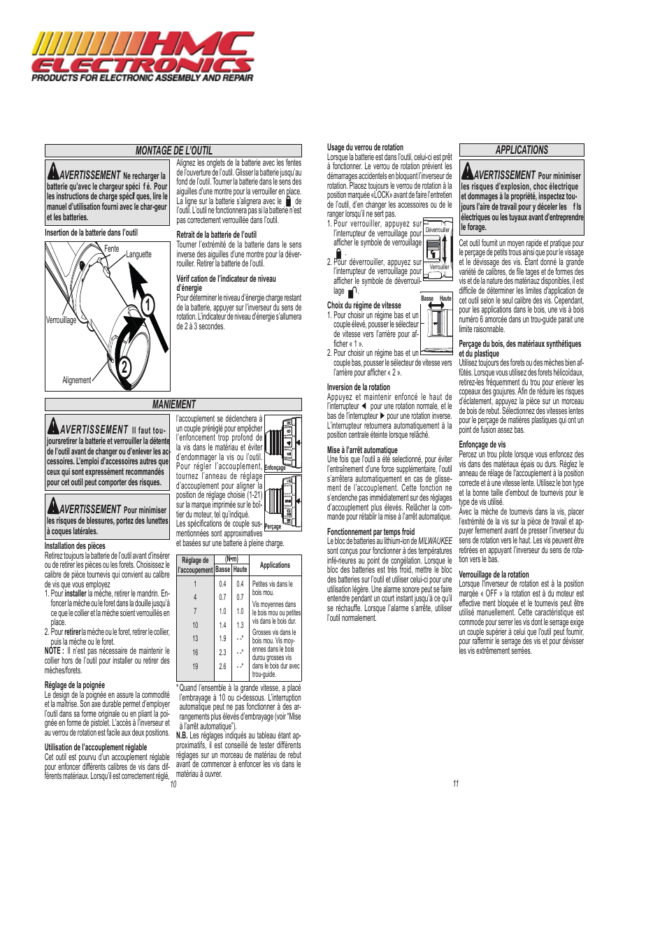 Avertissement, Montage de l’outil maniement, Applications | HMC Electronics 2101-21 Milwaukee Cordless Screwdriver Kit, M4 User Manual | Page 6 / 11