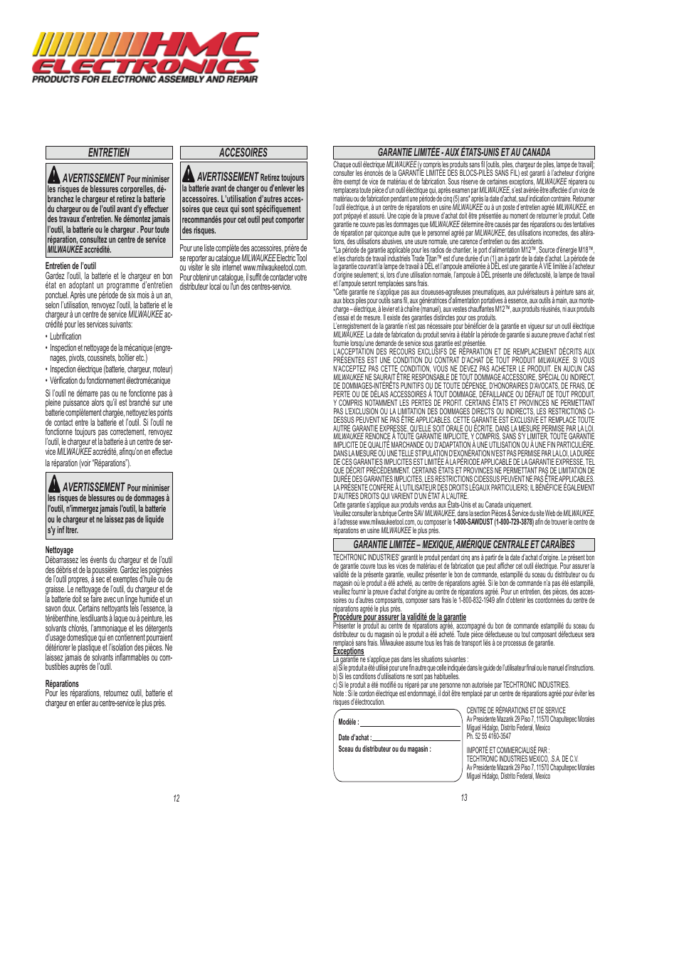 Entretien avertissement, Avertissement, Accesoires avertissement | HMC Electronics 2101-21 Milwaukee Cordless Screwdriver Kit, M4 User Manual | Page 7 / 11