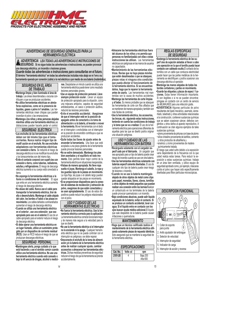 Seguridad personal advertencia, Uso y cuidado de las herramientas eléctricas, Especificaciones | HMC Electronics 2101-21 Milwaukee Cordless Screwdriver Kit, M4 User Manual | Page 8 / 11