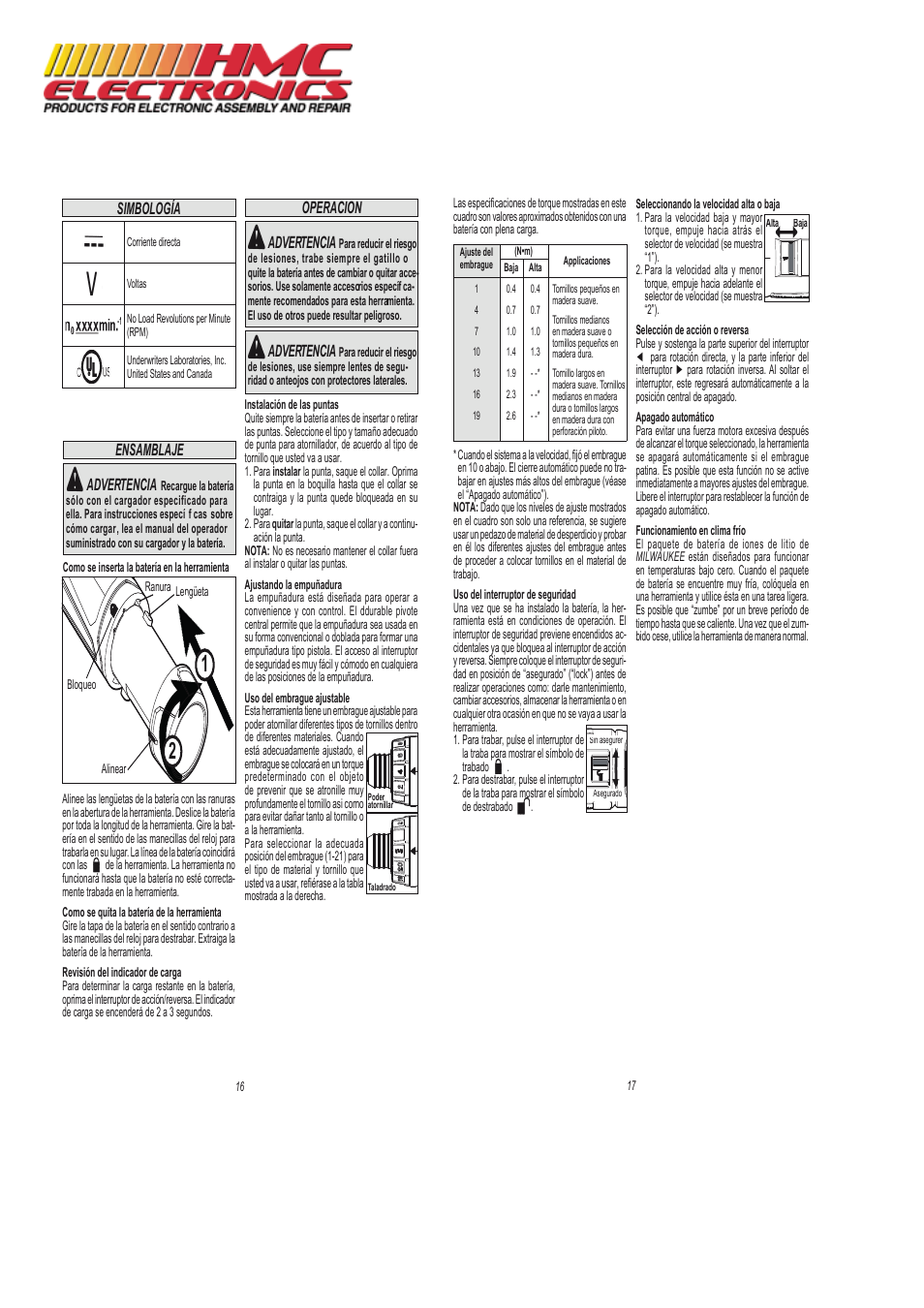 Advertencia, Ensamblaje operacion simbología | HMC Electronics 2101-21 Milwaukee Cordless Screwdriver Kit, M4 User Manual | Page 9 / 11