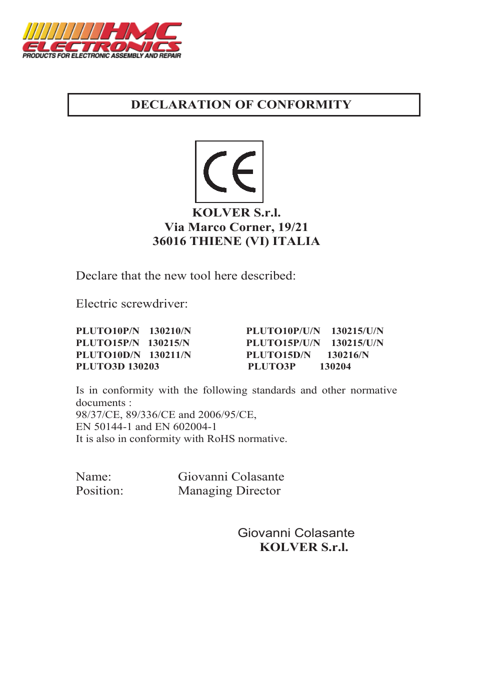 HMC Electronics PLUTO10D Kolver PLUTO DC Controlled Electric Torque Screwdriver User Manual | 6 pages