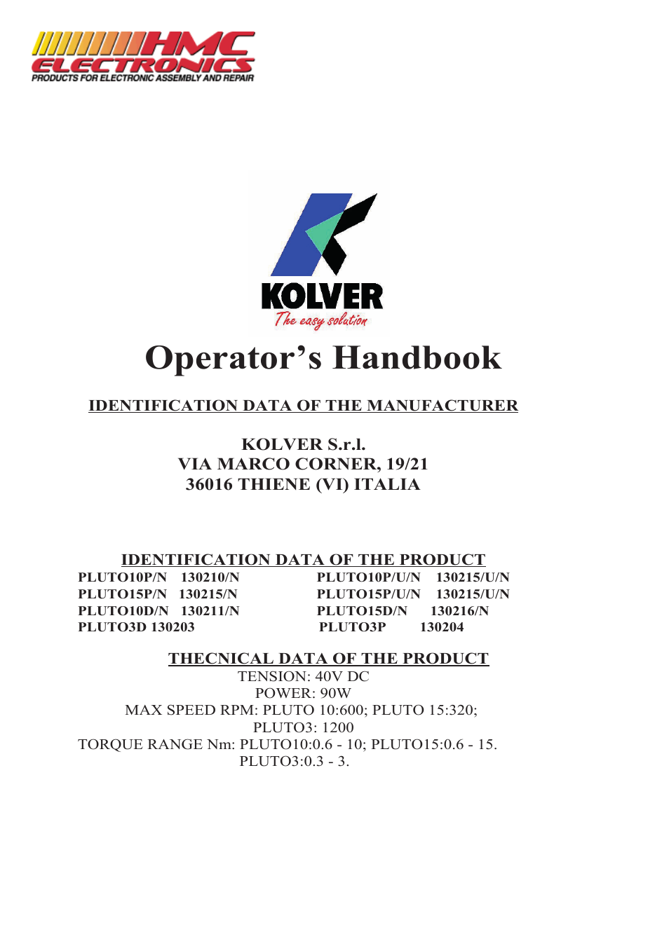 Operator’s handbook | HMC Electronics PLUTO10D Kolver PLUTO DC Controlled Electric Torque Screwdriver User Manual | Page 2 / 6