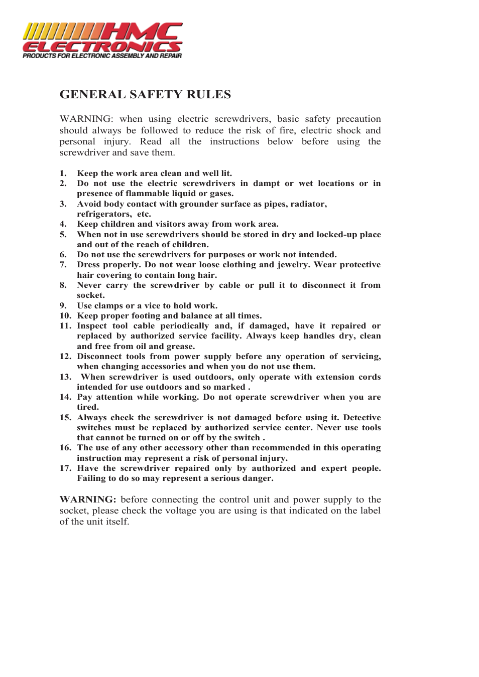 General safety rules | HMC Electronics PLUTO10D Kolver PLUTO DC Controlled Electric Torque Screwdriver User Manual | Page 3 / 6