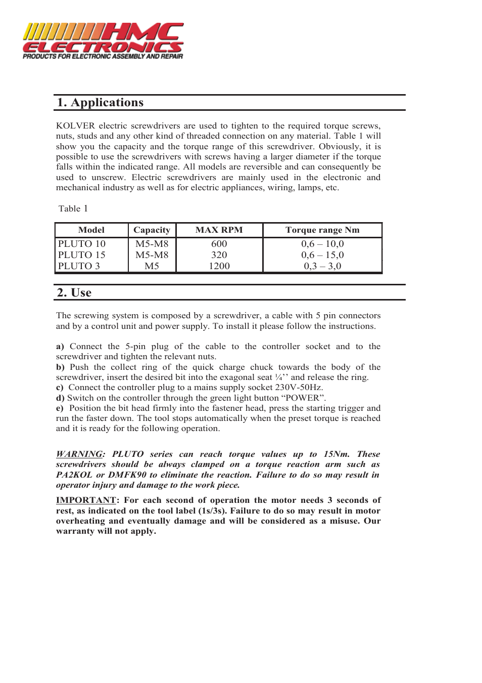 Applications | HMC Electronics PLUTO10D Kolver PLUTO DC Controlled Electric Torque Screwdriver User Manual | Page 4 / 6