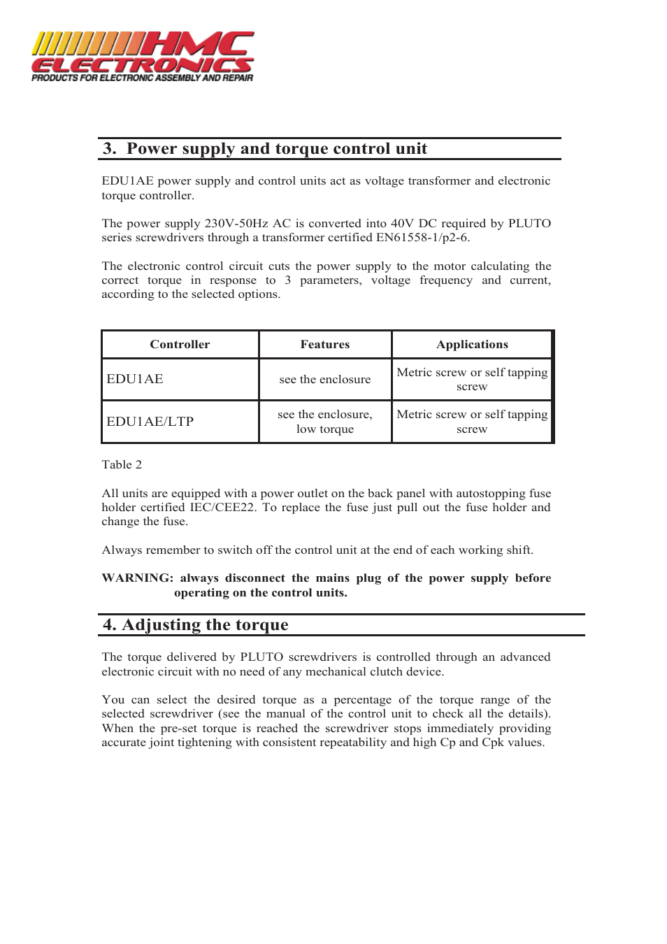 Power supply and torque control unit, Adjusting the torque | HMC Electronics PLUTO10D Kolver PLUTO DC Controlled Electric Torque Screwdriver User Manual | Page 5 / 6