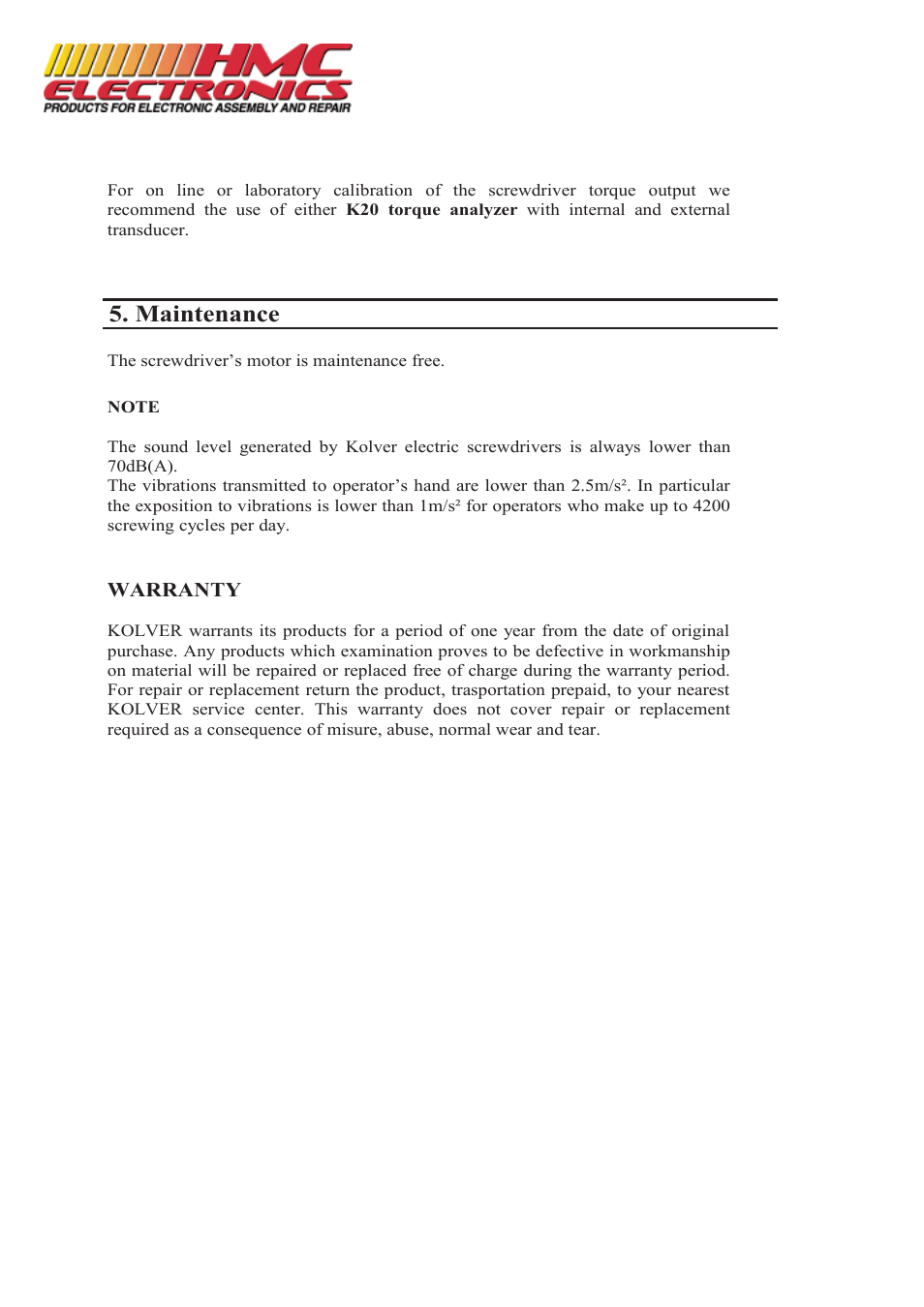 Maintenance, Warranty | HMC Electronics PLUTO10D Kolver PLUTO DC Controlled Electric Torque Screwdriver User Manual | Page 6 / 6