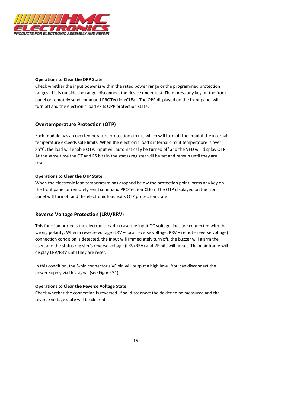 Overtemperature protection (otp), Reverse voltage protection (lrv/rrv) | HMC Electronics MDL Series BK Precision DC Electronic Load System Module User Manual | Page 15 / 80