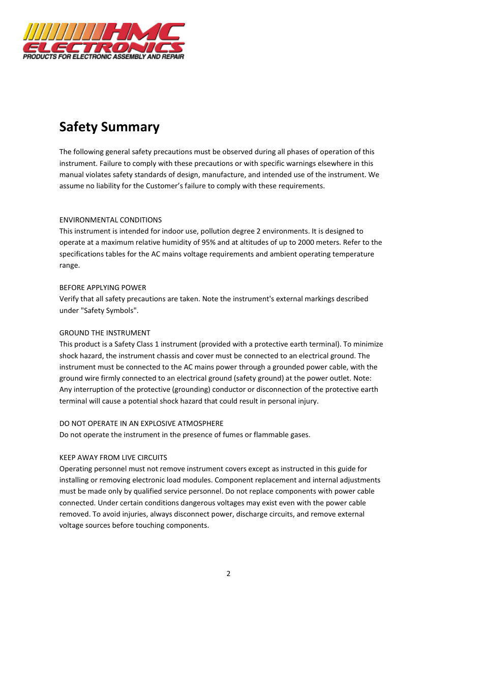 Safety summary | HMC Electronics MDL Series BK Precision DC Electronic Load System Module User Manual | Page 2 / 80