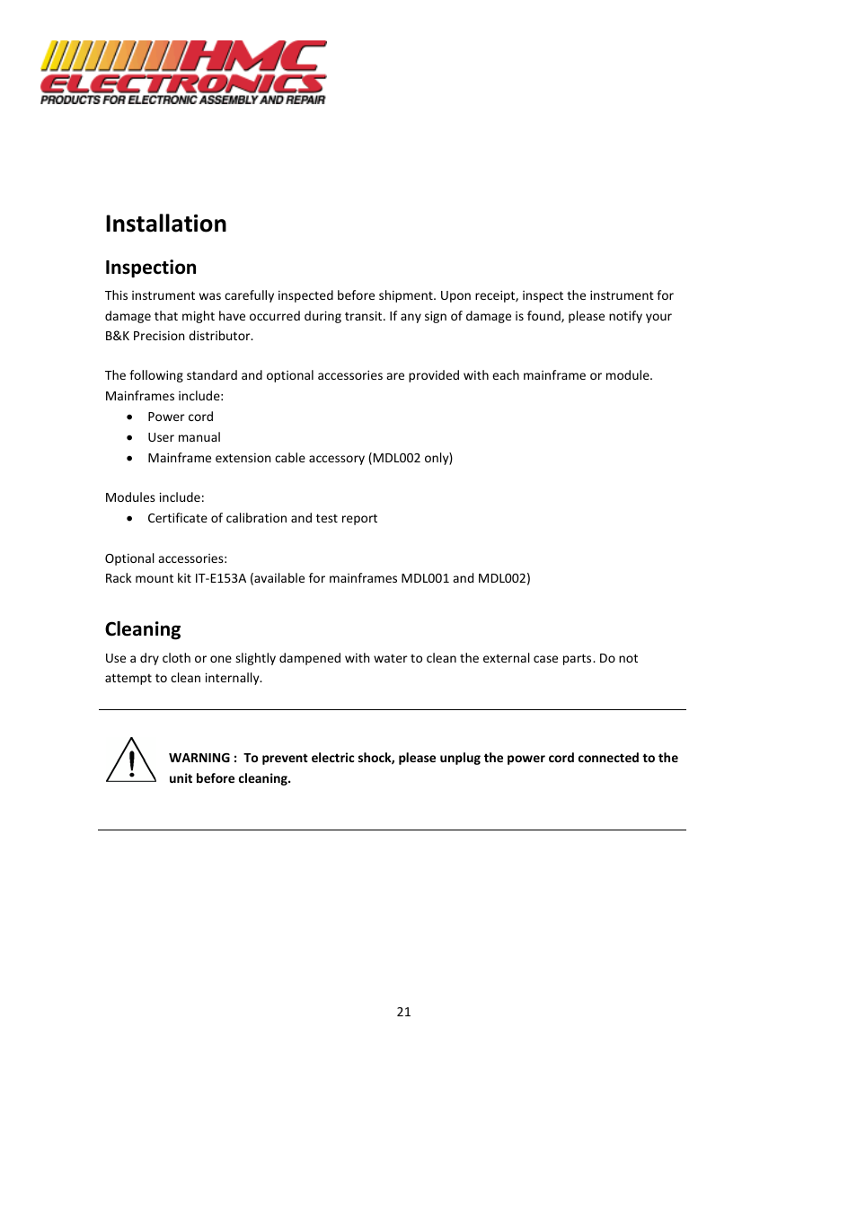 Installation, Inspection, Cleaning | HMC Electronics MDL Series BK Precision DC Electronic Load System Module User Manual | Page 21 / 80