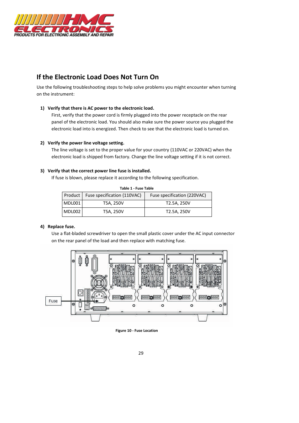 If the electronic load does not turn on | HMC Electronics MDL Series BK Precision DC Electronic Load System Module User Manual | Page 29 / 80
