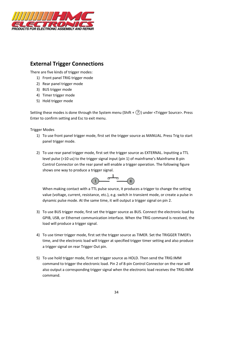 External trigger connections | HMC Electronics MDL Series BK Precision DC Electronic Load System Module User Manual | Page 34 / 80