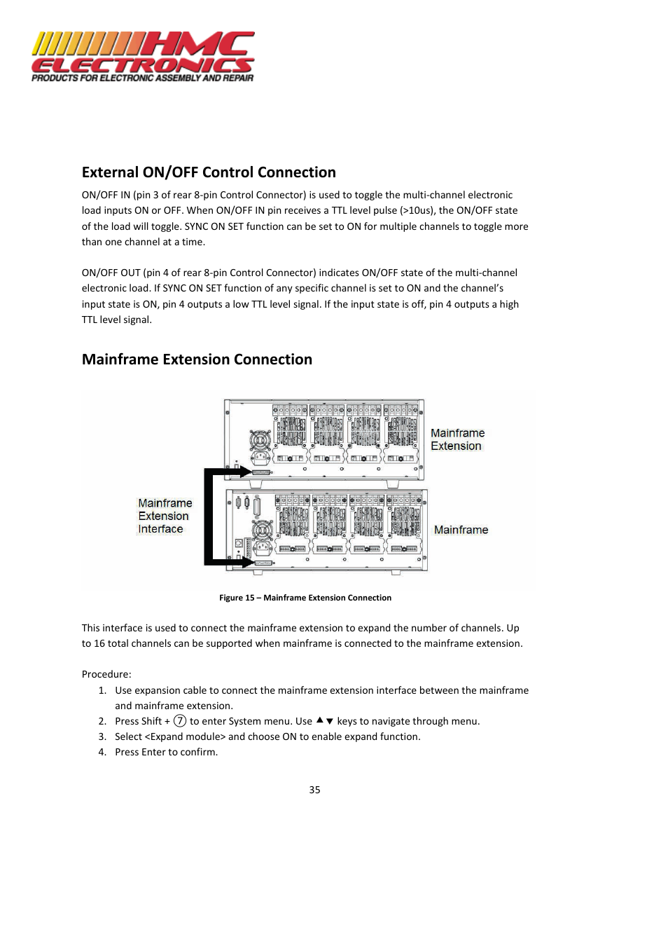 External on/off control connection, Mainframe extension connection | HMC Electronics MDL Series BK Precision DC Electronic Load System Module User Manual | Page 35 / 80