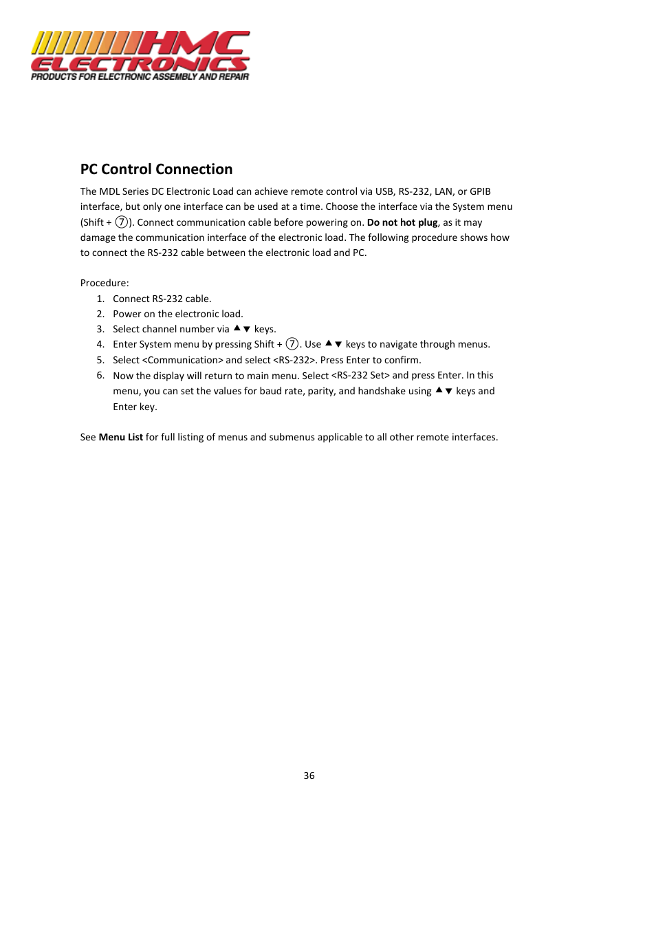 Pc control connection | HMC Electronics MDL Series BK Precision DC Electronic Load System Module User Manual | Page 36 / 80