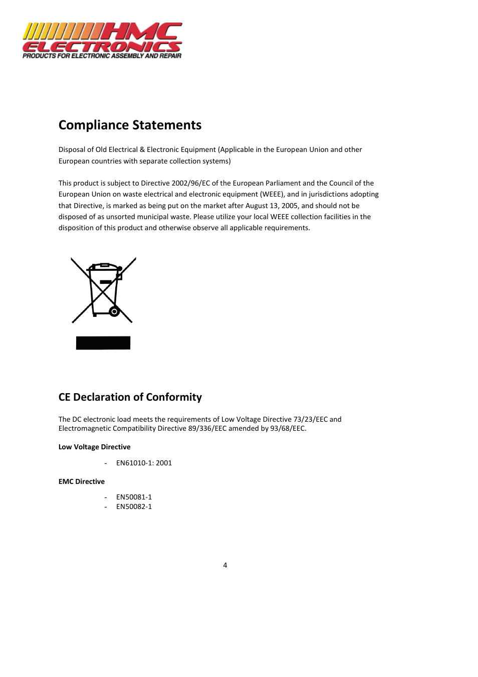 Compliance statements, Ce declaration of conformity | HMC Electronics MDL Series BK Precision DC Electronic Load System Module User Manual | Page 4 / 80