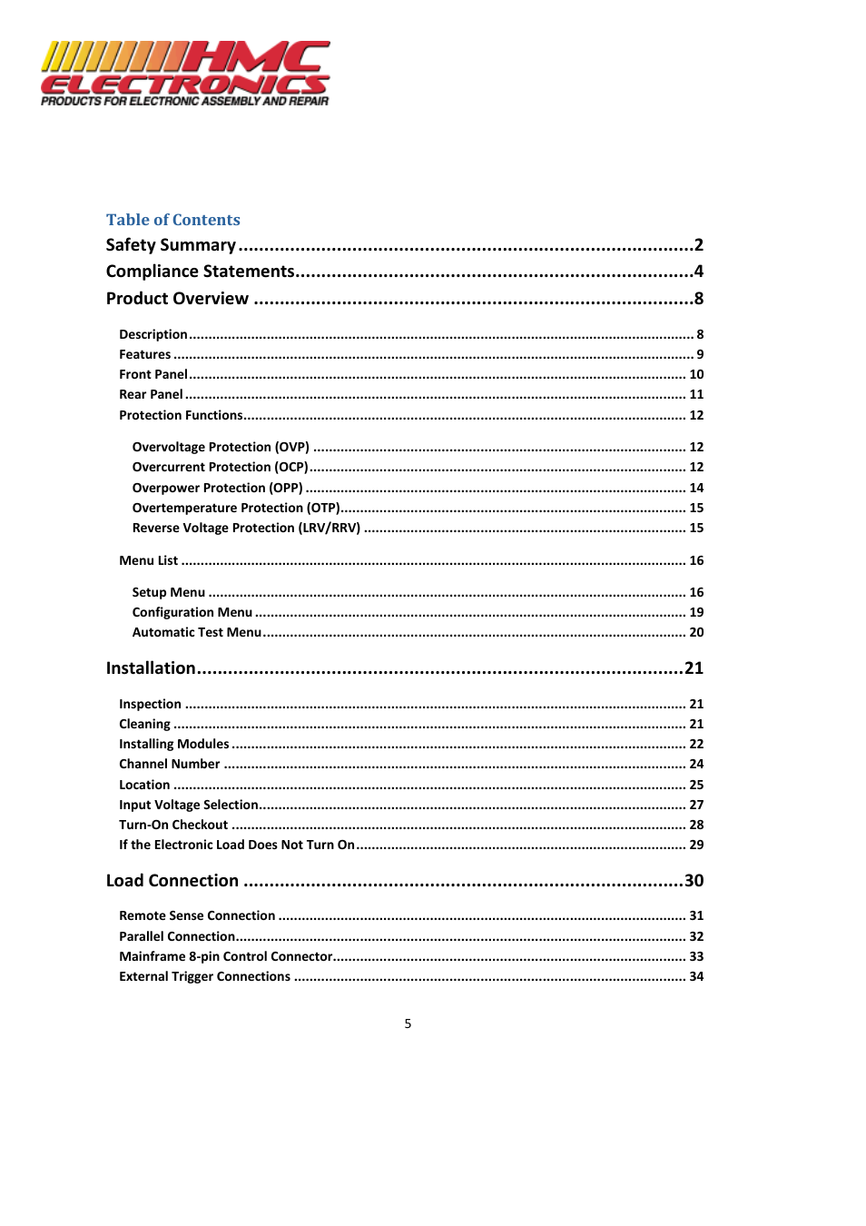 Safety summary, Compliance statements, Product overview | Installation, Load connection | HMC Electronics MDL Series BK Precision DC Electronic Load System Module User Manual | Page 5 / 80