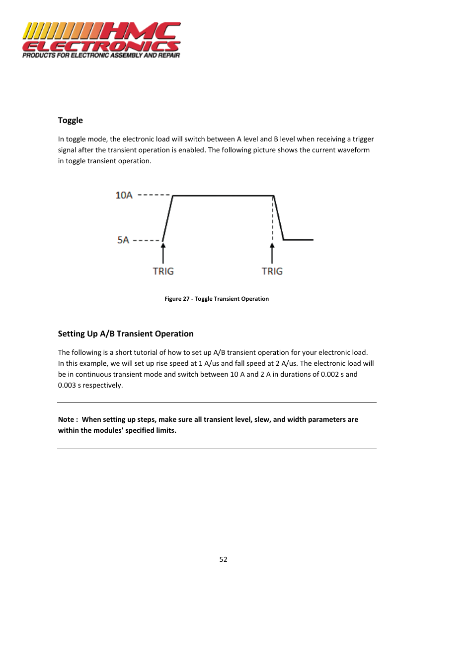 Toggle, Setting up a/b transient operation | HMC Electronics MDL Series BK Precision DC Electronic Load System Module User Manual | Page 52 / 80