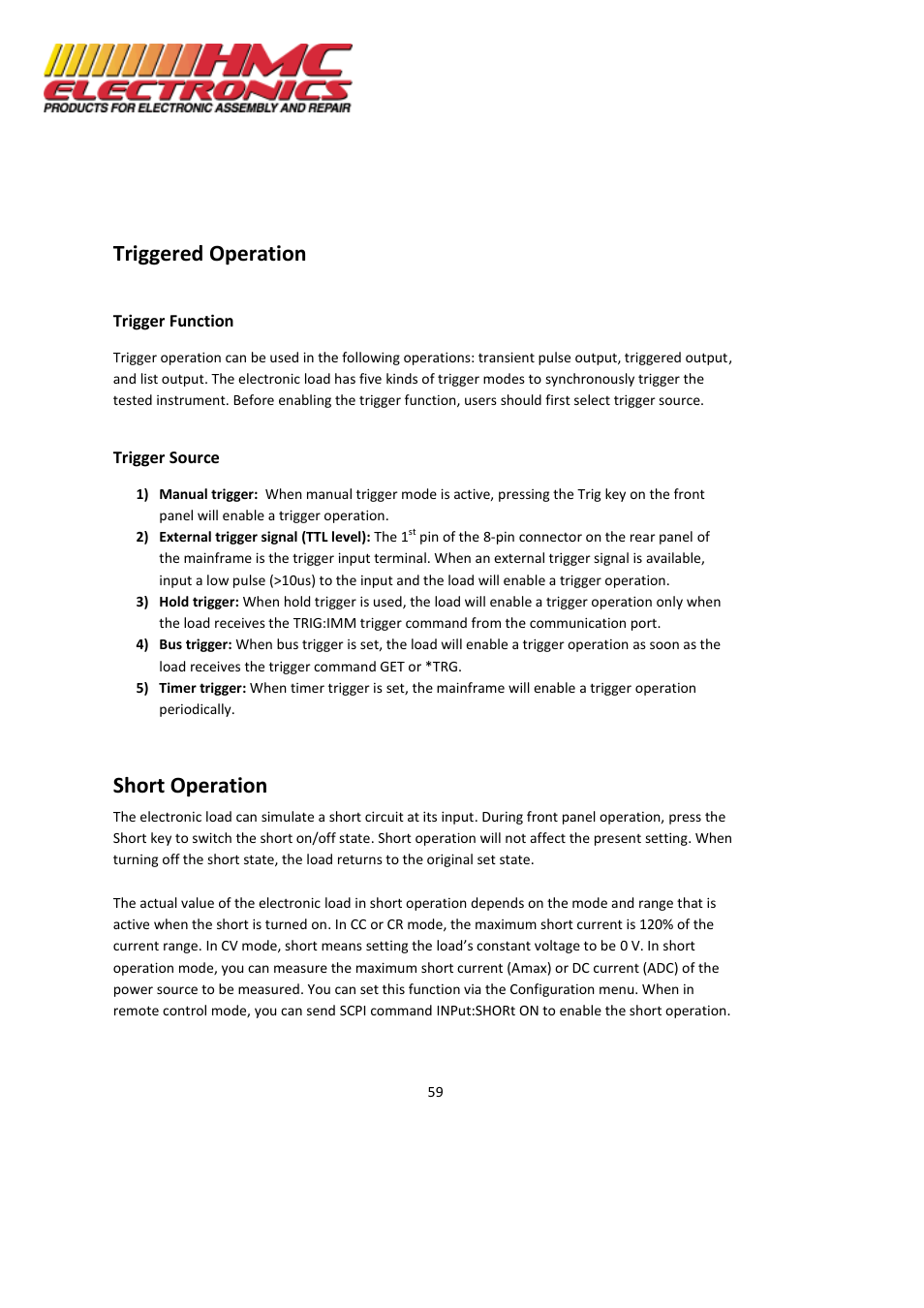 Triggered operation, Short operation | HMC Electronics MDL Series BK Precision DC Electronic Load System Module User Manual | Page 59 / 80