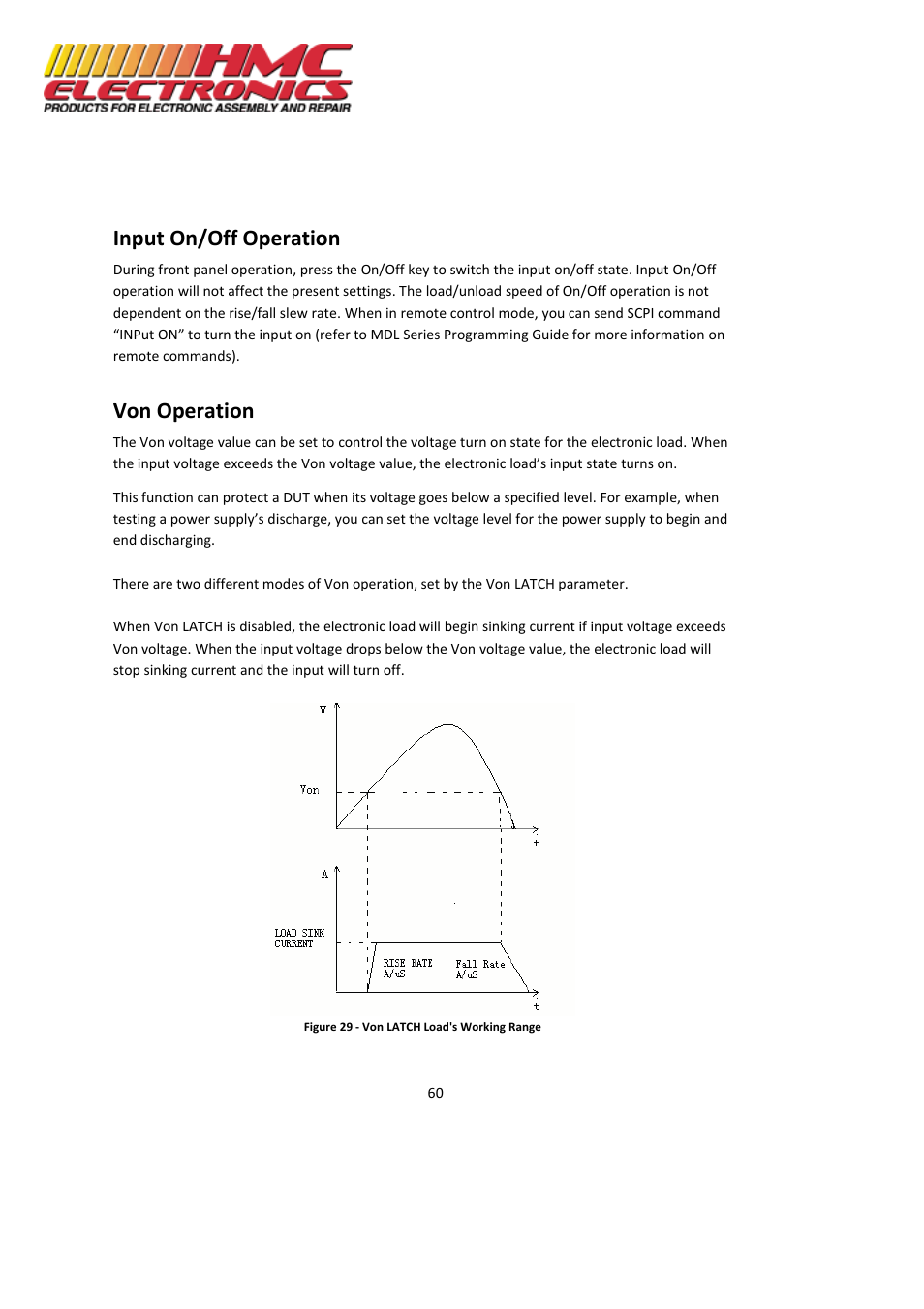 Input on/off operation, Von operation | HMC Electronics MDL Series BK Precision DC Electronic Load System Module User Manual | Page 60 / 80