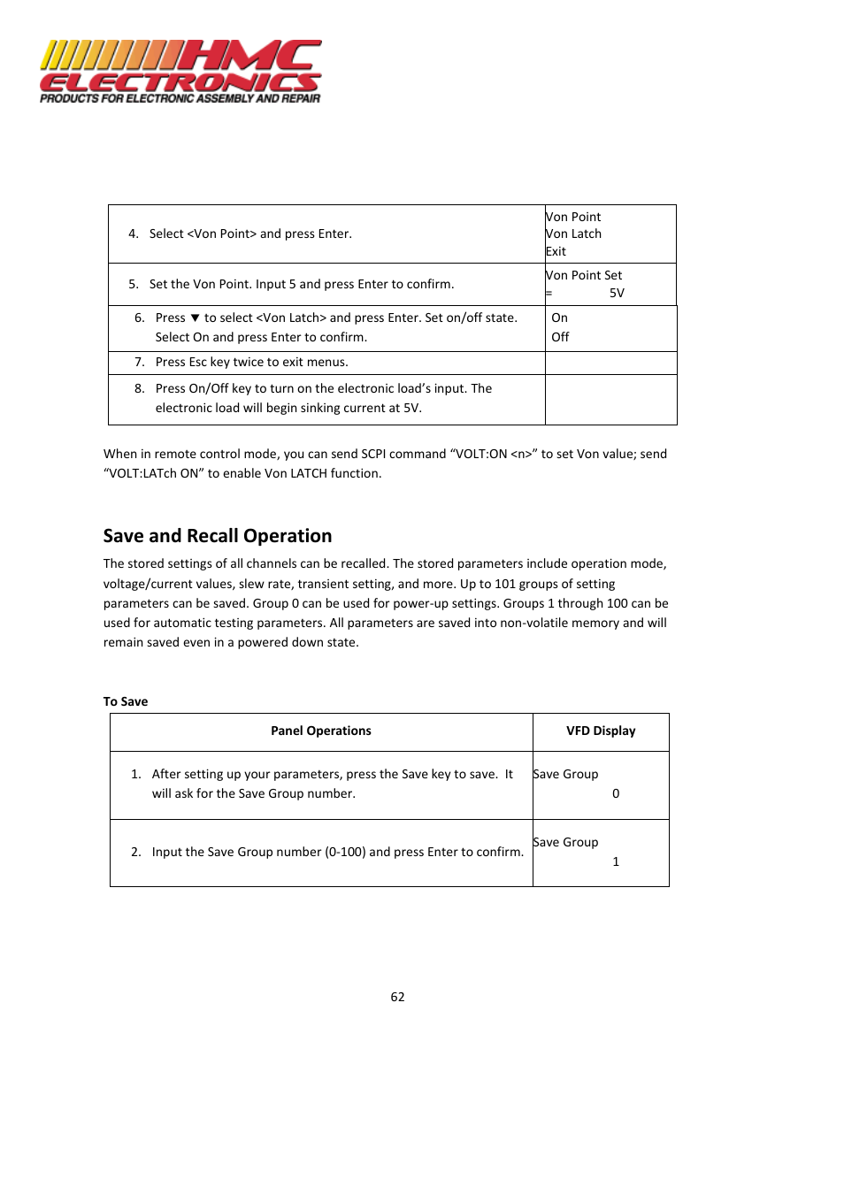 Save and recall operation | HMC Electronics MDL Series BK Precision DC Electronic Load System Module User Manual | Page 62 / 80