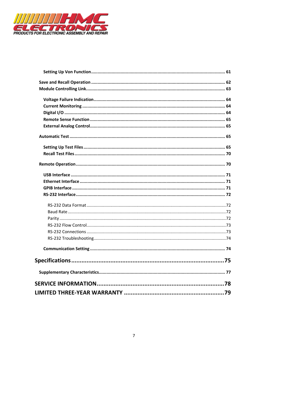 Specifications, Service information, Limited three-year warranty | HMC Electronics MDL Series BK Precision DC Electronic Load System Module User Manual | Page 7 / 80