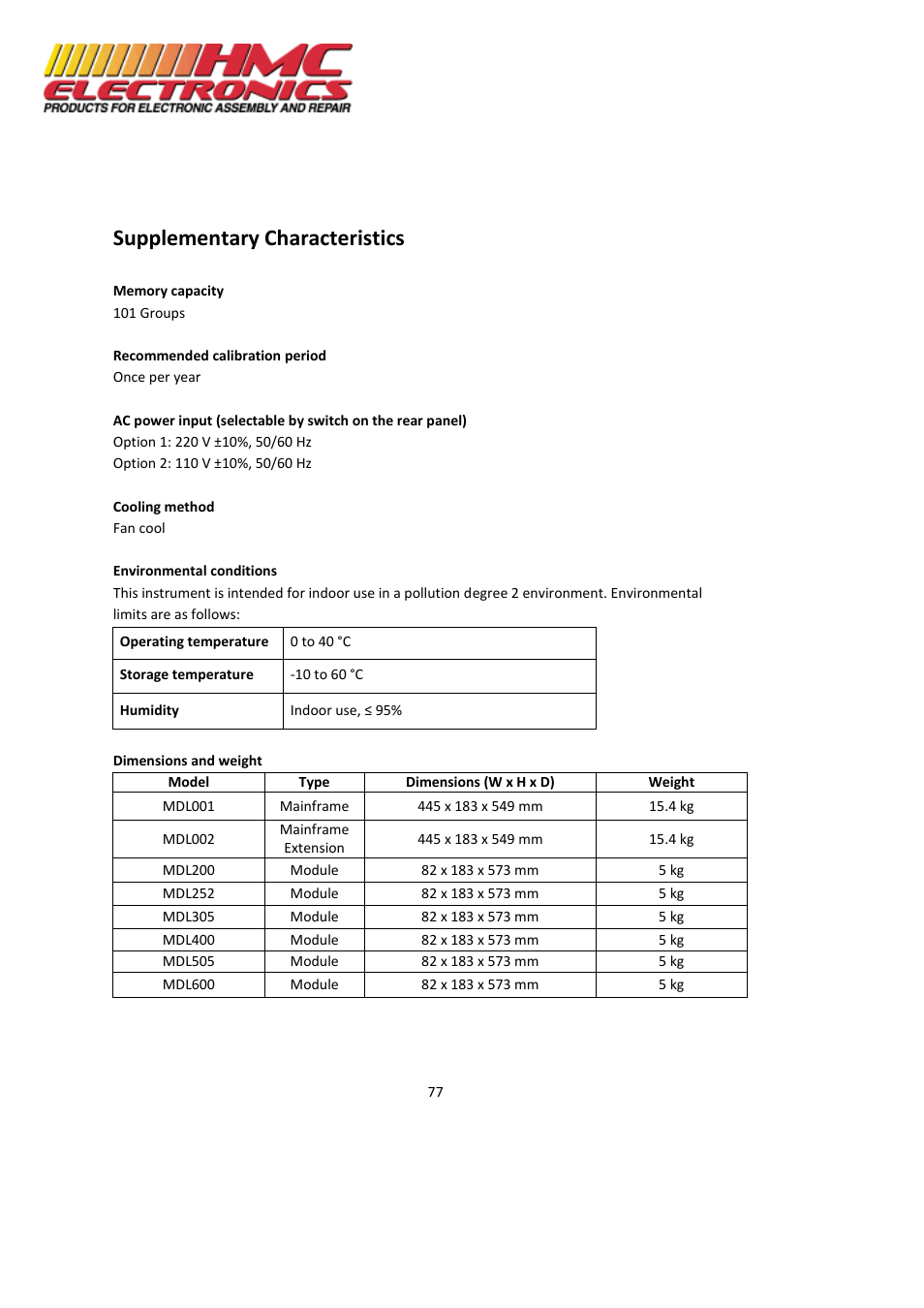 Supplementary characteristics | HMC Electronics MDL Series BK Precision DC Electronic Load System Module User Manual | Page 77 / 80
