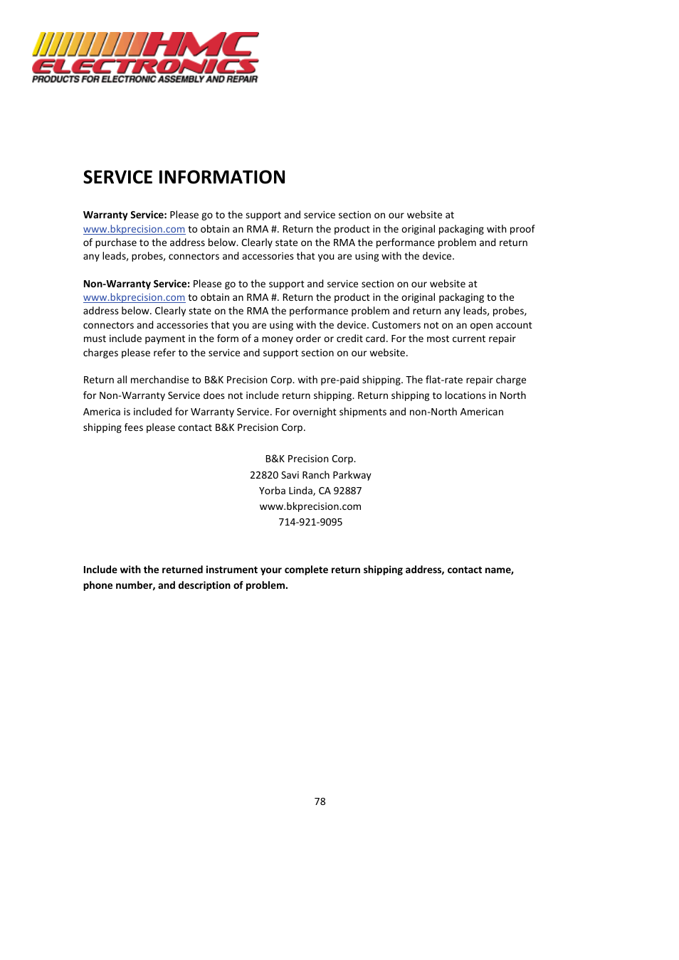 Service information | HMC Electronics MDL Series BK Precision DC Electronic Load System Module User Manual | Page 78 / 80