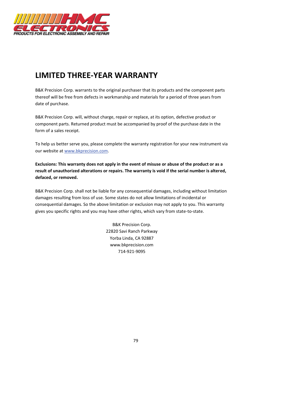 Limited three-year warranty | HMC Electronics MDL Series BK Precision DC Electronic Load System Module User Manual | Page 79 / 80