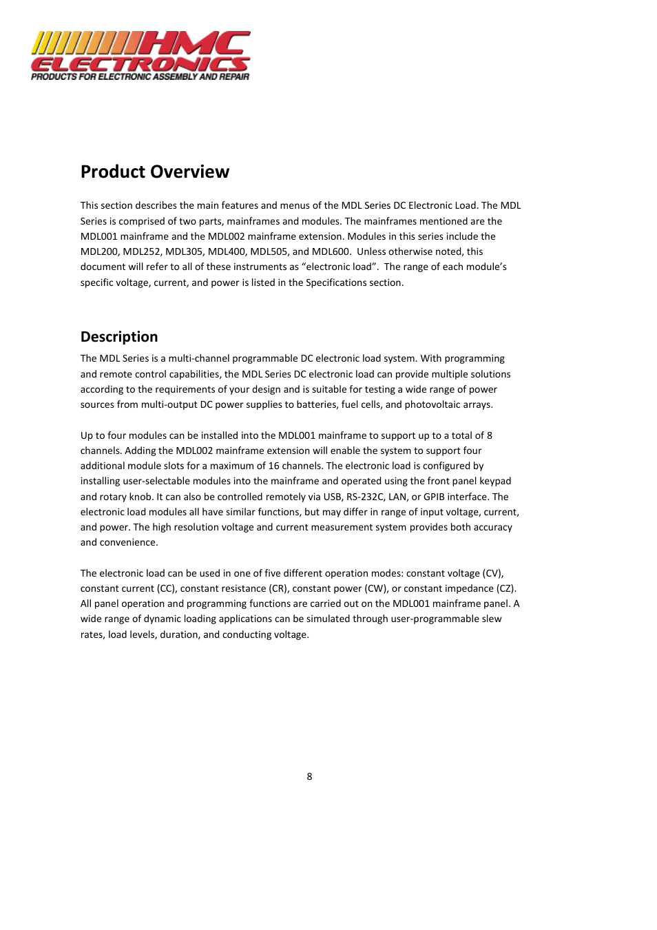 Product overview, Description | HMC Electronics MDL Series BK Precision DC Electronic Load System Module User Manual | Page 8 / 80
